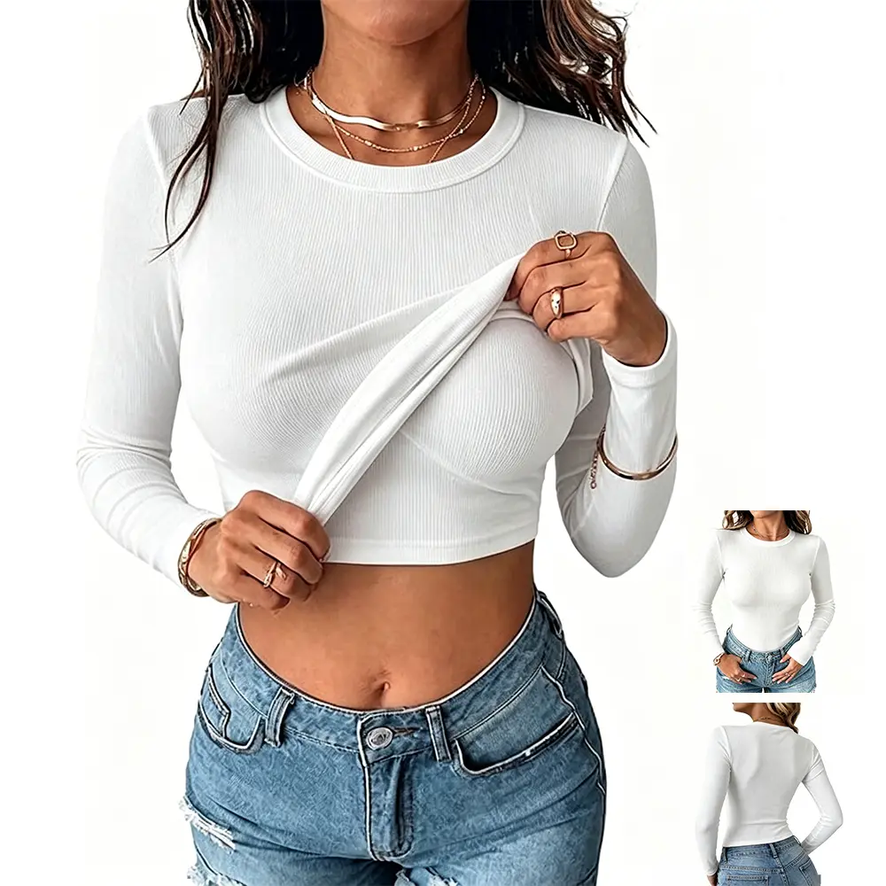 Womens Built-in Bra Ribbed Long Sleeve Shirts Tops Fitted Tshirts Basic Slim Fit Tight Tee