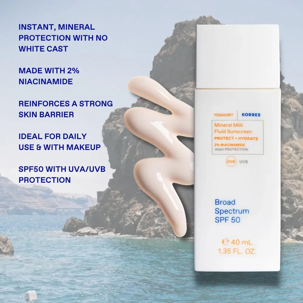 Yoghurt Mineral Milk Fluid Sunscreen, Lightweight Face Sunscreen for Daily Hydration, Mineral UV Protection, Sensitive Skin Friendly SPF for Face, Vegan, Travel Size, 1.35 Fl Oz Moisture Moisturize | KORRES