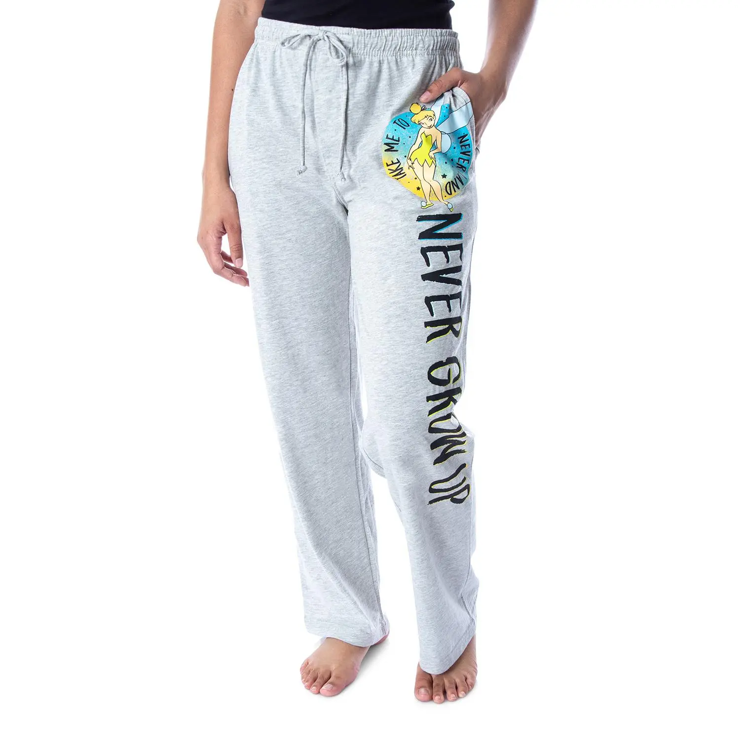 Disney Women's Tinker Bell "Never Grow Up" Soft-Touch Cotton-Polyester Nightwear Leg Pajama Pants, Animation, Pockets, Printed