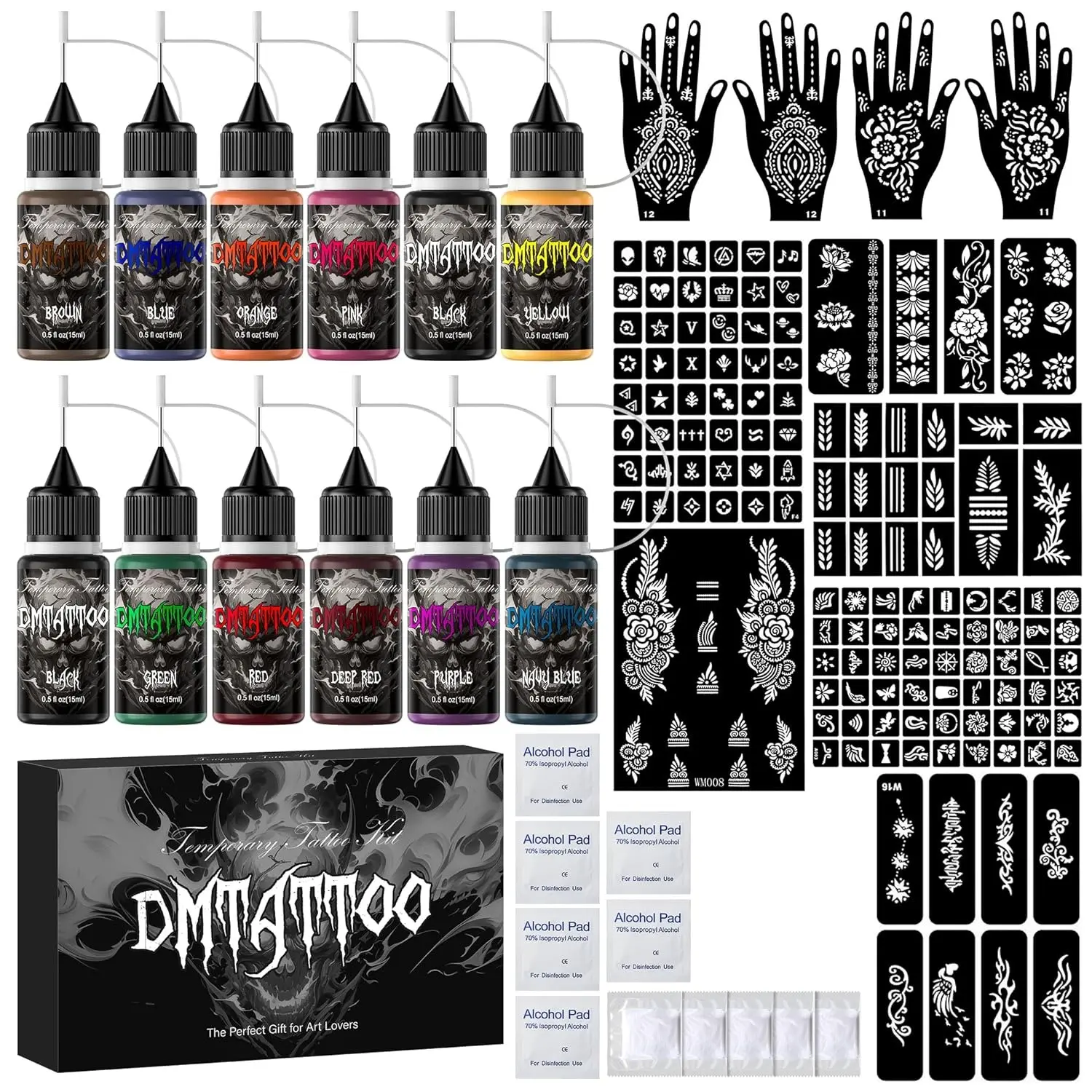 Temporary Tattoo Kit 12 Bottles Colors Temporary Tattoo Ink 13 tattoo Stencils,DIY Body Art Skin Painting Designs for Women Men Kids Party Gifts, Tattoo Inks Set, Tattoo Supplies