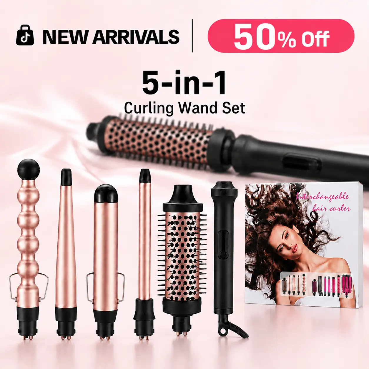 Multi-Curl 5-in-1 Ceramic Curling Wand Set,thermal brush,Interchangeable Ceramic Curling Barrels, Tapered & Bubble Curling Wand, Instant Heat Curling Iron, Blowout Brush Styling Tool for Loose Waves, Tight Curls, Volume, Bangs, curling irons, Gift,summerv