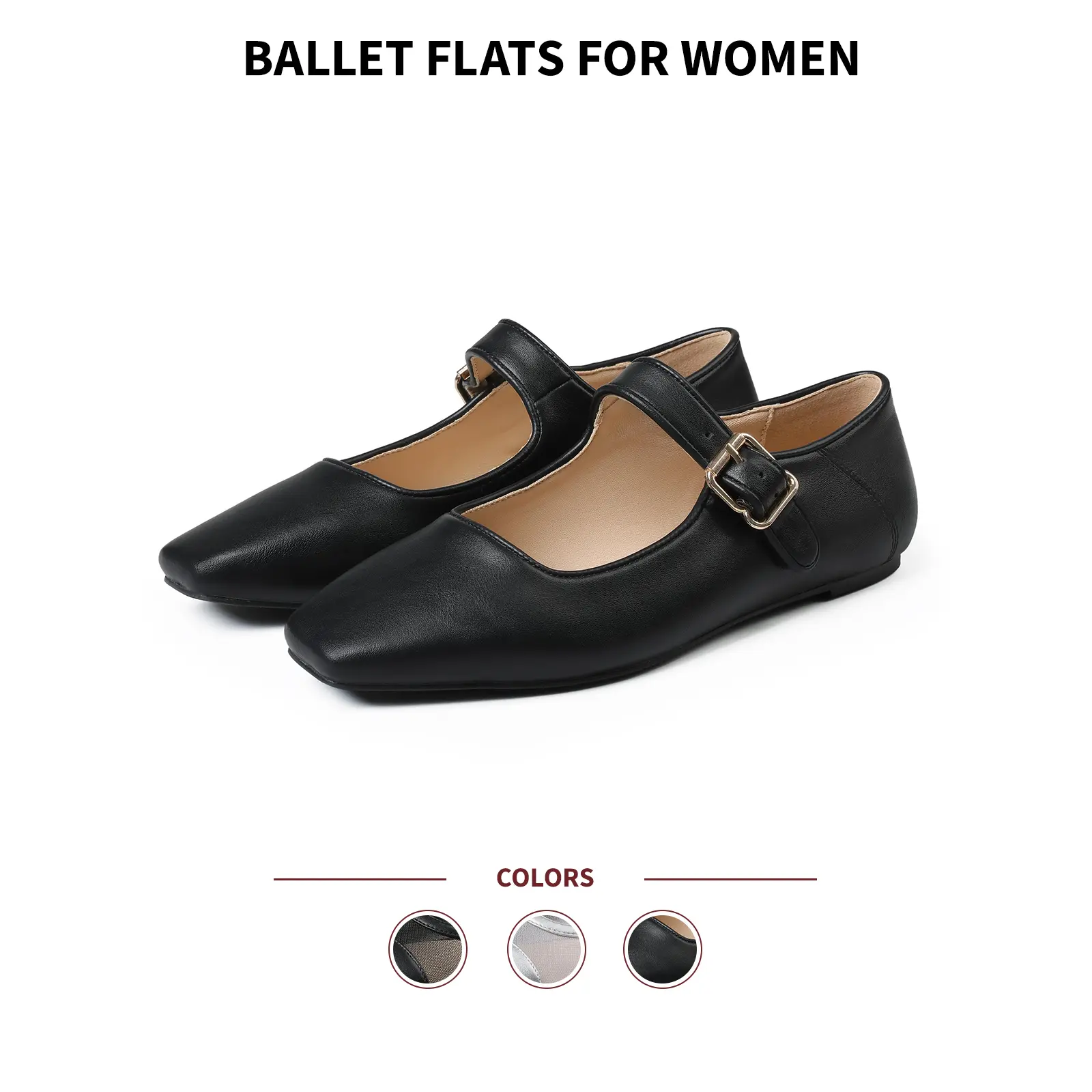 Women Ballet Flats Square Toe Flat Heel Buckle Strap Cute Comfortable Cosplay Fashion Elegant Party Dress Dance Casual Outdoor Work Date Nightout Daily Wear Mary Jane Ballerina Pumps Shoes