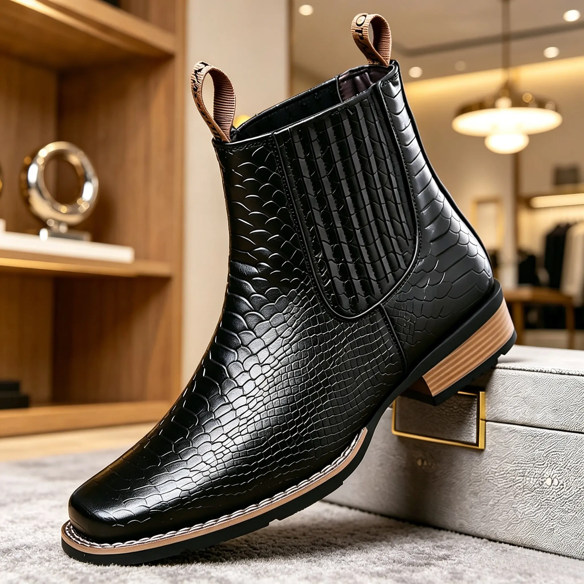 Men’s casual retro shoes featuring an alligator texture design, suitable for various seasons and equipped with a closed toe. Everyday fashion style features leather with embossed crocodile texture. Men's Shoes Fashionable Boots Boots Black boots for men