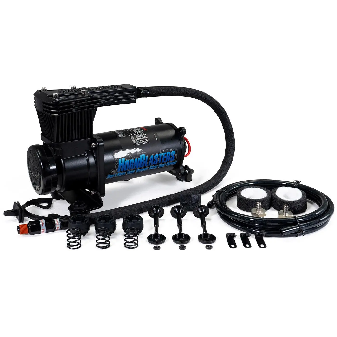 HornBlasters HB-3Q Air Compressor | 12-Volt | Vehicle-Mounted, Quiet Operation, Compact Design, 200 PSI Max Pressure, 1/4" NPT Hose, 2-Year Warranty, Check Valve, 1.41 Cfm @ 0 Psi, 1/4" Stainless Steel Leader Hose, 10.1" (256.54 Mm) Length, Yes, None