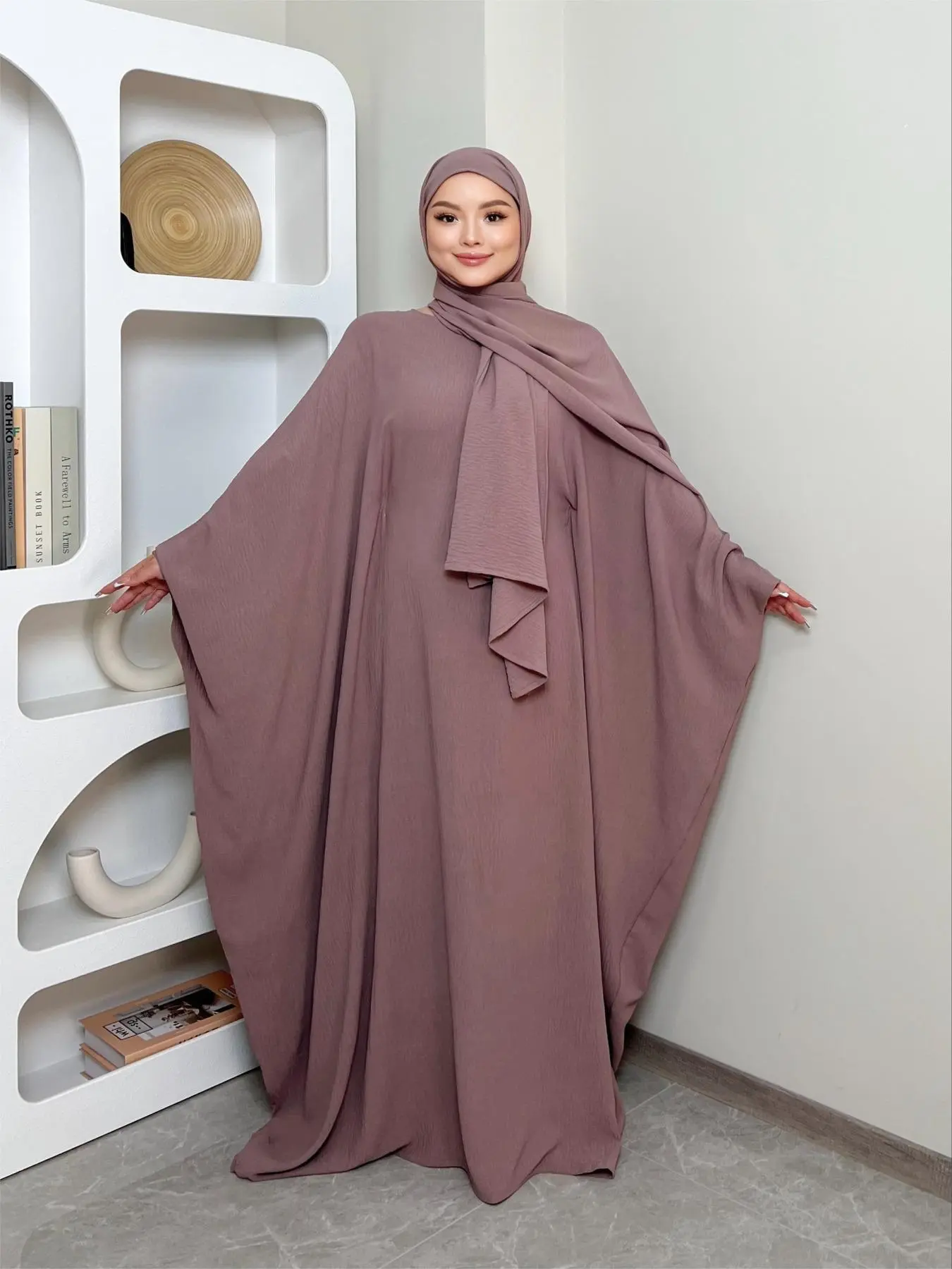 Women's Solid Color Zipper Front Batwing Sleeve Abaya with Hijab Two-Piece Set, Women's Islamic Clothing for All Seasons, Muslim Set, Islamic Modesty Clothes