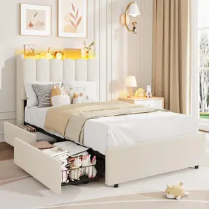LED Twin XL Bed Frame with Storage Headboard, Kids Bed Frame with 2 Drawers, Boucle Upholstered Platform Bed for Girls, Chic Wavy Headboard with Bookcase, No Box Spring Needed, White