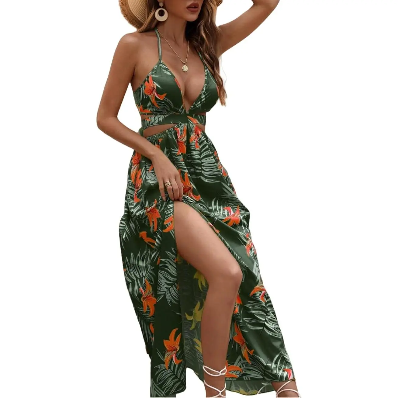 Women's Casual Bohemian Maxi Dress in Tropical Print Poly Blend, Halter Neck A-Line Gown with Backless Knot and Thigh Split for Cruise OOTD, Sleeveless, Elastane, Elegant, Bow, Dry Clean