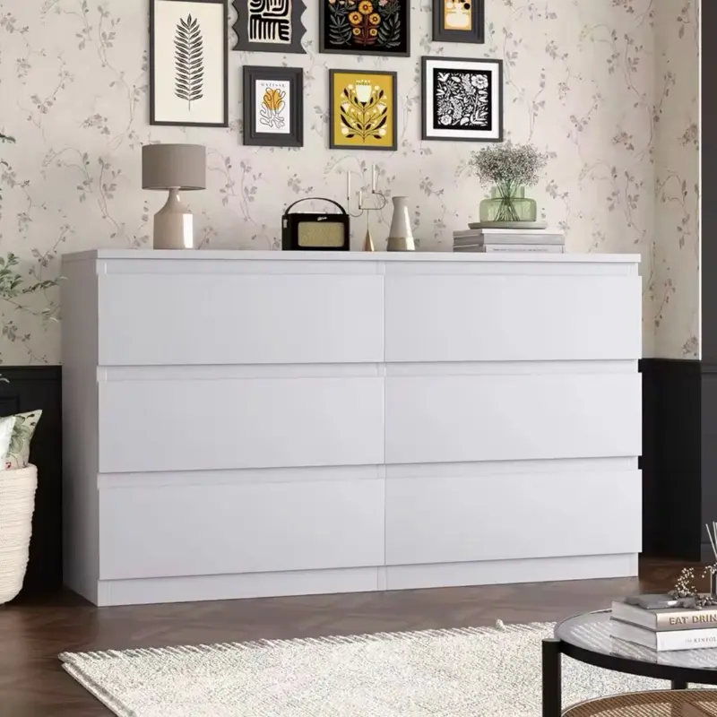 White Dresser for Bedroom,48 Inch Wide 6 Drawers with No Handles,Modern Dresser with Deep Drawers, Wood