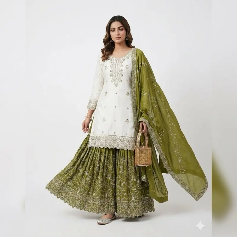 Women's Traditional 3-Piece Gharara Suit Matching Set - White Top, Green Gharara Skirt, Dupatta, Daily Wear Clothing with Bold Flow, Traditional Look, Clean Elegance