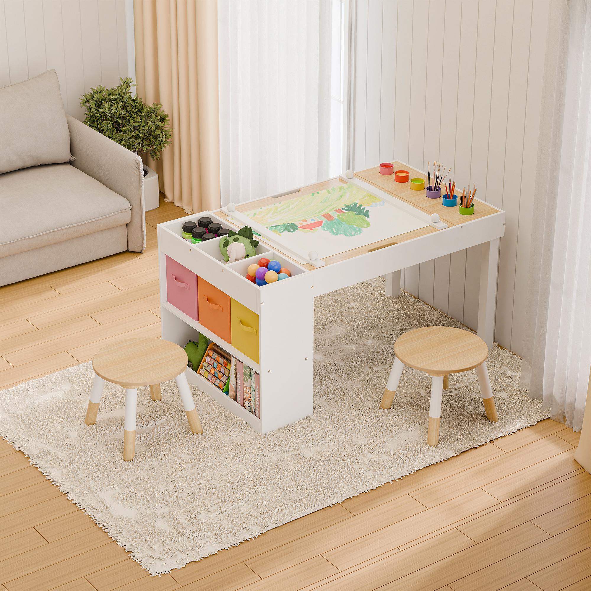 Multifunctional Kids Art Table & Chairs Set Toddler Painting Table and Chair Set Convertible Play Desk with Storage for Kids White