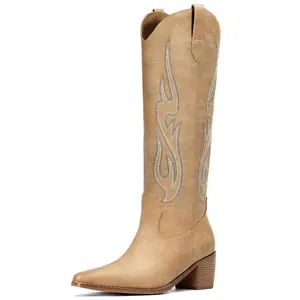 【Valentine's Day Gift】Women's Western Cowboy Boots - Knee-High Cowgirl Boots with Classic Embroidery, Slip-On Pointed Toe, Chunky Heel Brown Boots Footwear Walking Shoes Fallfashion