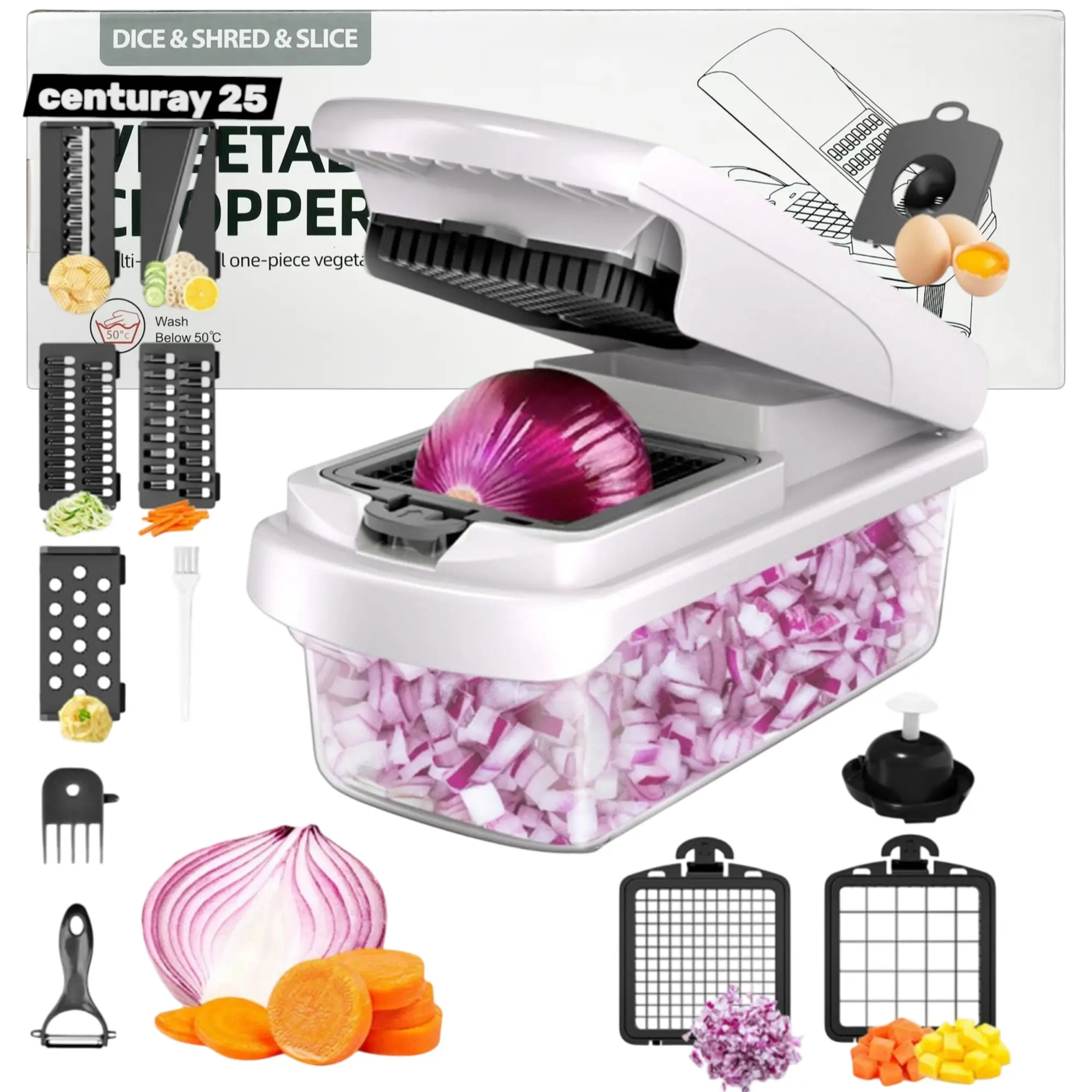 8 Blade All-in-1 Vegetable Chopper Mandoline Slicer with Container, Food Chopper, Onion Chopper, Veggie Cutter for Salad, Kitchen Gadgets Accessories Essentials, White
