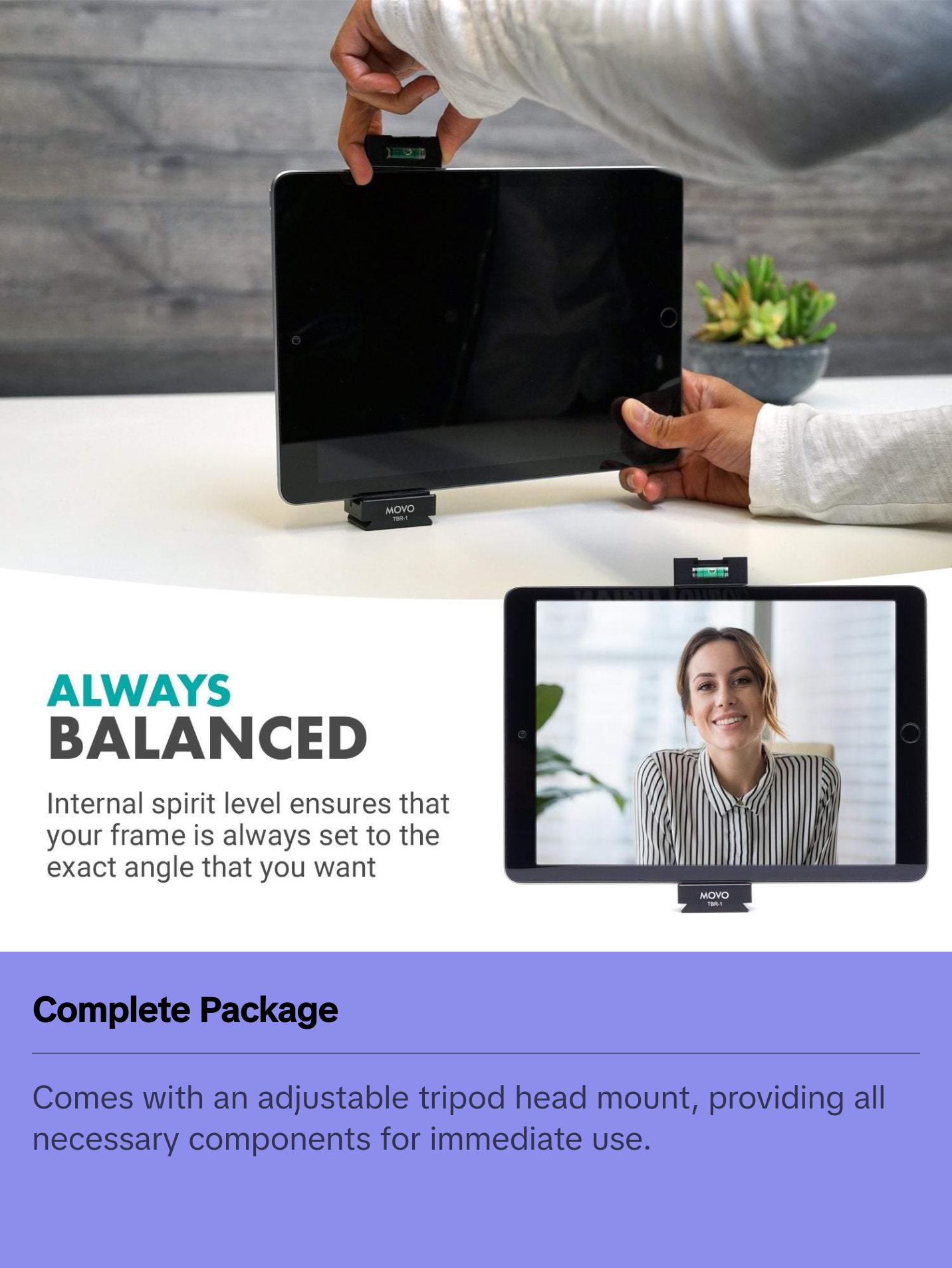 Movo - TBR-1 Universal Tablet Tripod Mount with Cold Shoe for Mini Microphone, Aluminum, Compatible with iPad, Samsung Galaxy, Android Tablets