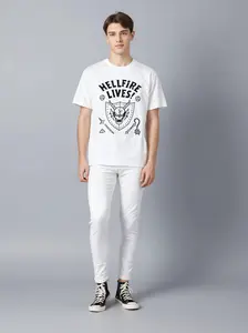 Retro Hellfire Lives Graphic T Shirt, Punk Style Print Cotton Short Sleeve Tee, Casual Streetwear For Men And Women  dustins t shirt