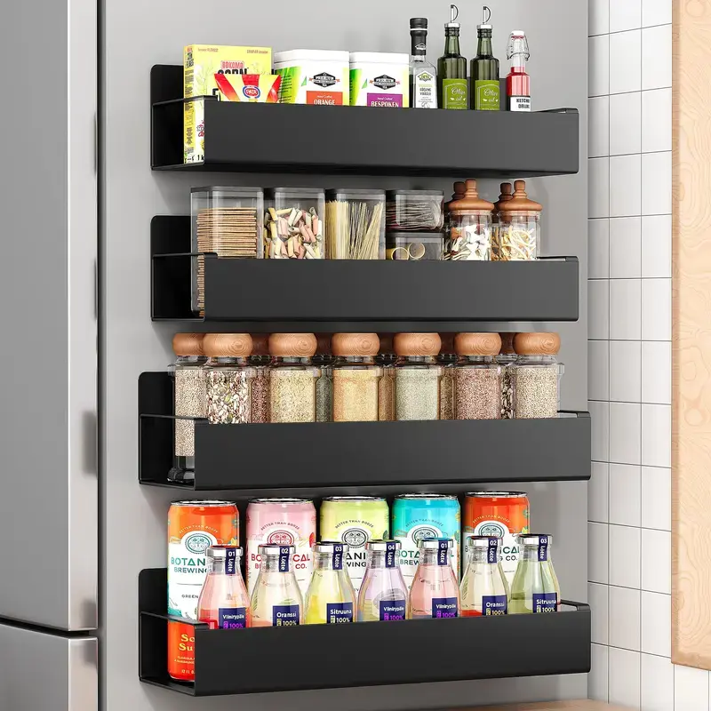 4 Pack Magnetic Spice Rack Organizer with Hooks, Strong Suction 11 LBS, 2 Sizes, Paper Towel Holder, Magnetic Shelf for Refrigerator Microwave Oven, Kitchen Storage, Black, Home Improvement Gift movable