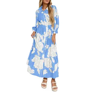 Wenrine Women’s Maxi Shirt Dress Casual Floral Collared 3/4 Long Sleeve Drawstring Waist Fall Button Down Dresses