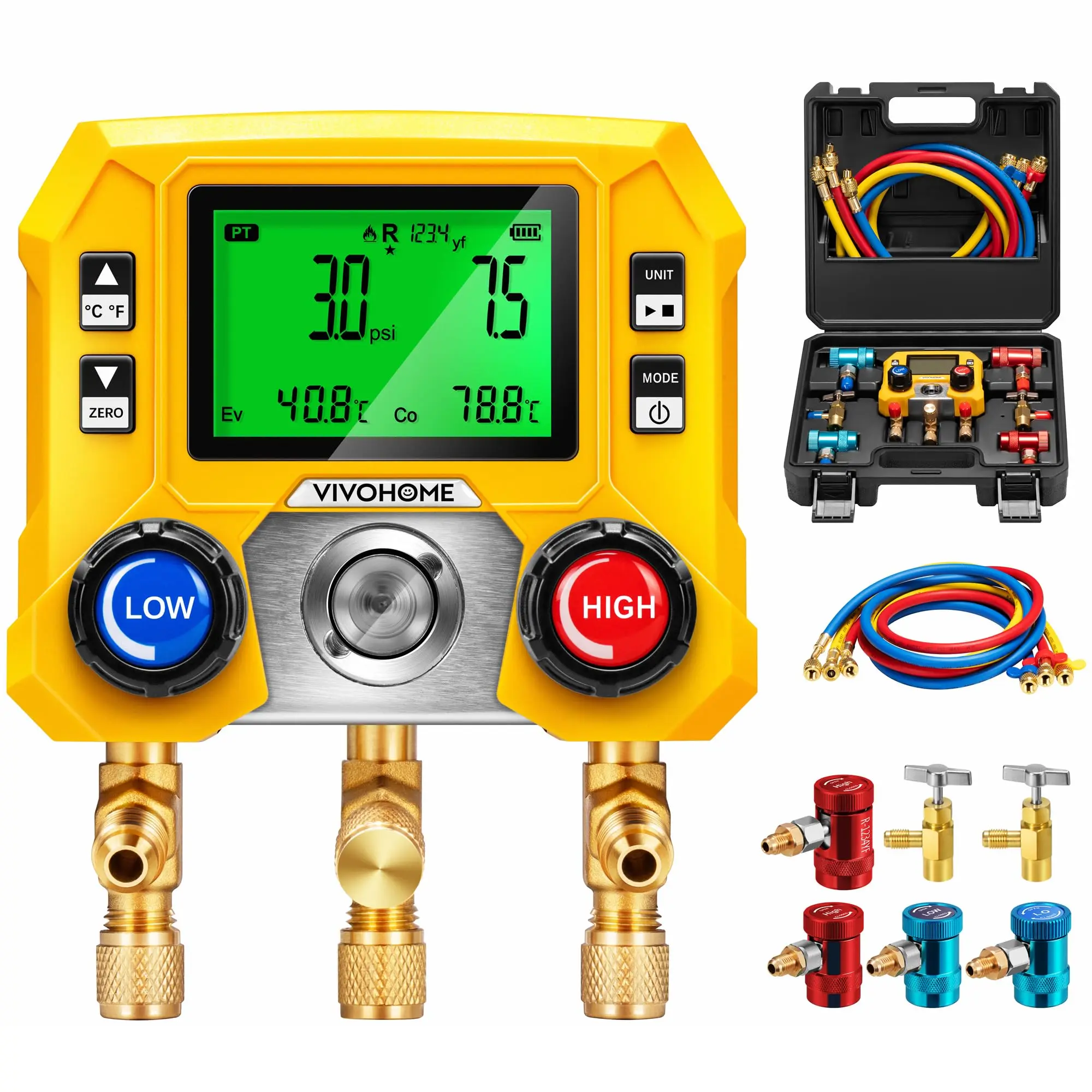 VIVOHOME Digital HVAC Manifold Gauge Set with R134a R1234yf Quick Couplers and Can Taps, Refrigeration Car AC Gauges with 3 Hoses for R134a R410a R32 R1234yf R454B Refrigerant Recharge Kit Air Conditioning Portable Automotive diagnostic tool