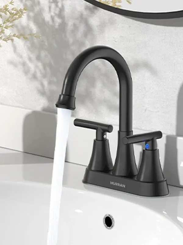 Hurran Modern 4-Inch Centerset Matte Black Bathroom Faucet, 2-Handle Lead-Free Fingerprint-Resistant Tap, 20% Water-Saving Countertop Sink Tap with Installation Kit & Pop-Up Drain (For Powder Rooms, Rinsing, Laundry Rooms), Stainless Steel, Indoor, Metall