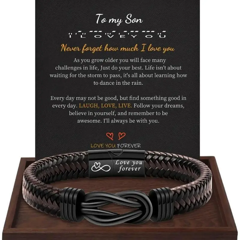 Braided Leather Bracelet with Stainless Steel Infinity Knot, "To My Dad" Men's Jewelry, Sentimental Dad Gifts with Magnetic Closure, 21cm, Male, Knotted Bracelet Jewelry, Braided Bracelet