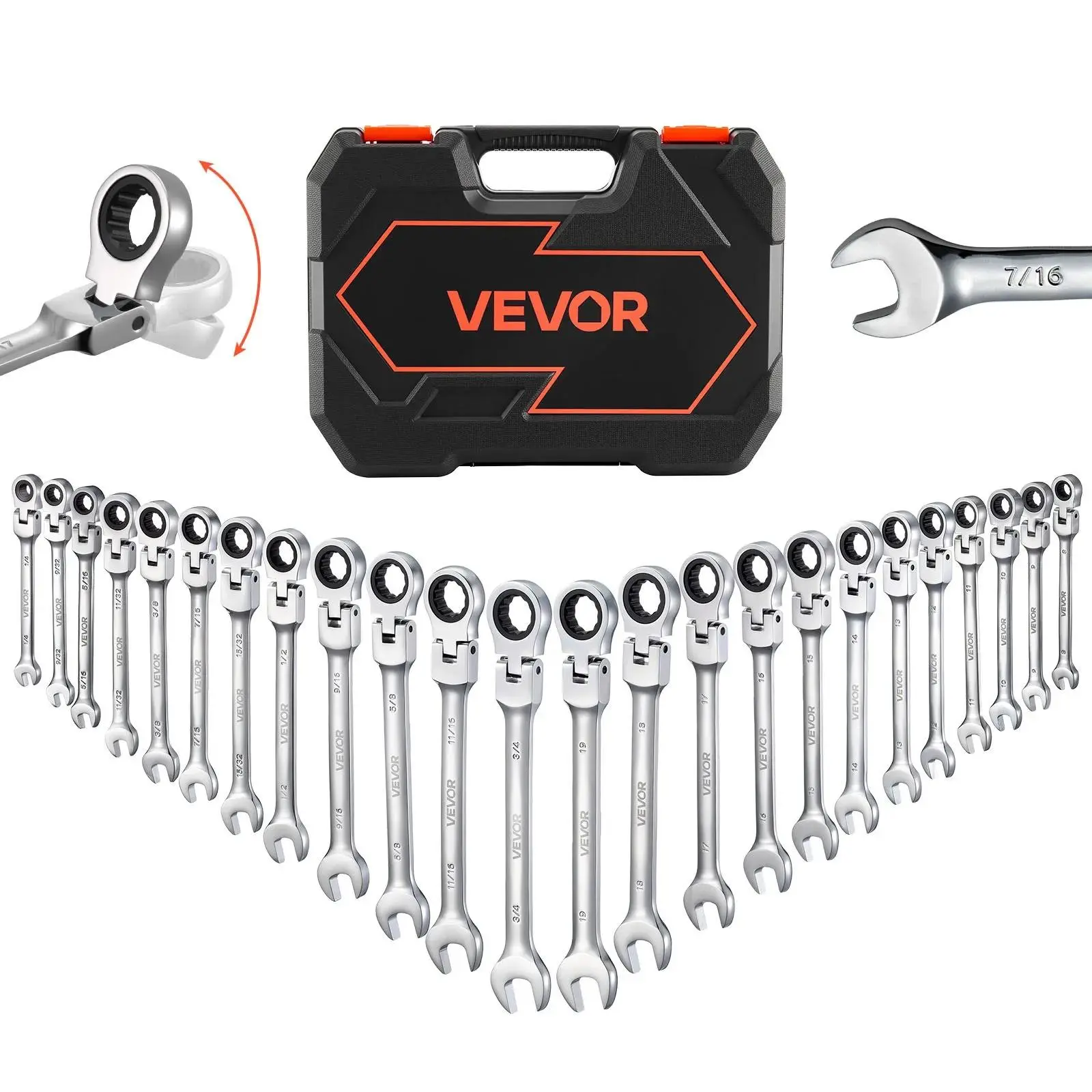 VEVOR 24-Piece Flex-Head Ratcheting Wrench Set - SAE & Metric, 72-Teeth Cr-V Steel Double-Ended Spanners & Wrenches with Micro Swing, Storage Case, Tools and Gadgets for Household, Mechanic Tools, Car Stuff (Silver, Father’s Day Gift), Automotive, Car Acc