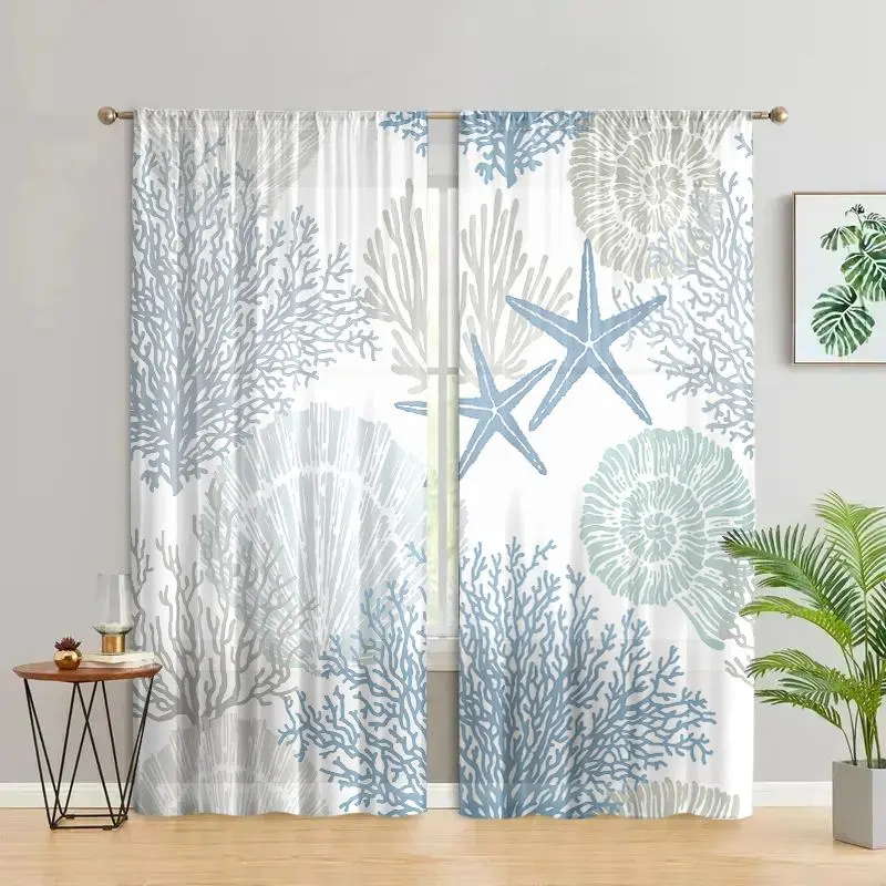 Coastal Themed Printed Curtain, 2 Counts/set Sea Life Pattern Curtain, Home Decorative Curtain, Window Curtain, Window Drapes for Living Room Bedroom Kitchen Bathroom Study Room, Ready Made Curtains