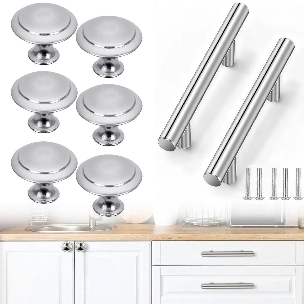 20PCS Durable Cabinet Hardware Set - 10 Stainless Steel 6in Kitchen Drawer Pulls, 10 27x20mm Drawer Knobs (13mm Bottom Diameter) with 22mm-Length Screws for Dressers, Kitchens (Silver), 10Pcs
