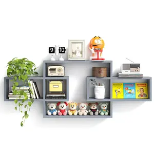 Grey Wooden Square Floating Cube Shelves Wall Mounted Rectangle Bookcase Intersecting Wall Shelves for Storage Modern Decorative Display Shelves for Wall Decor for Living Room,Bedroom-3 Box Shelves