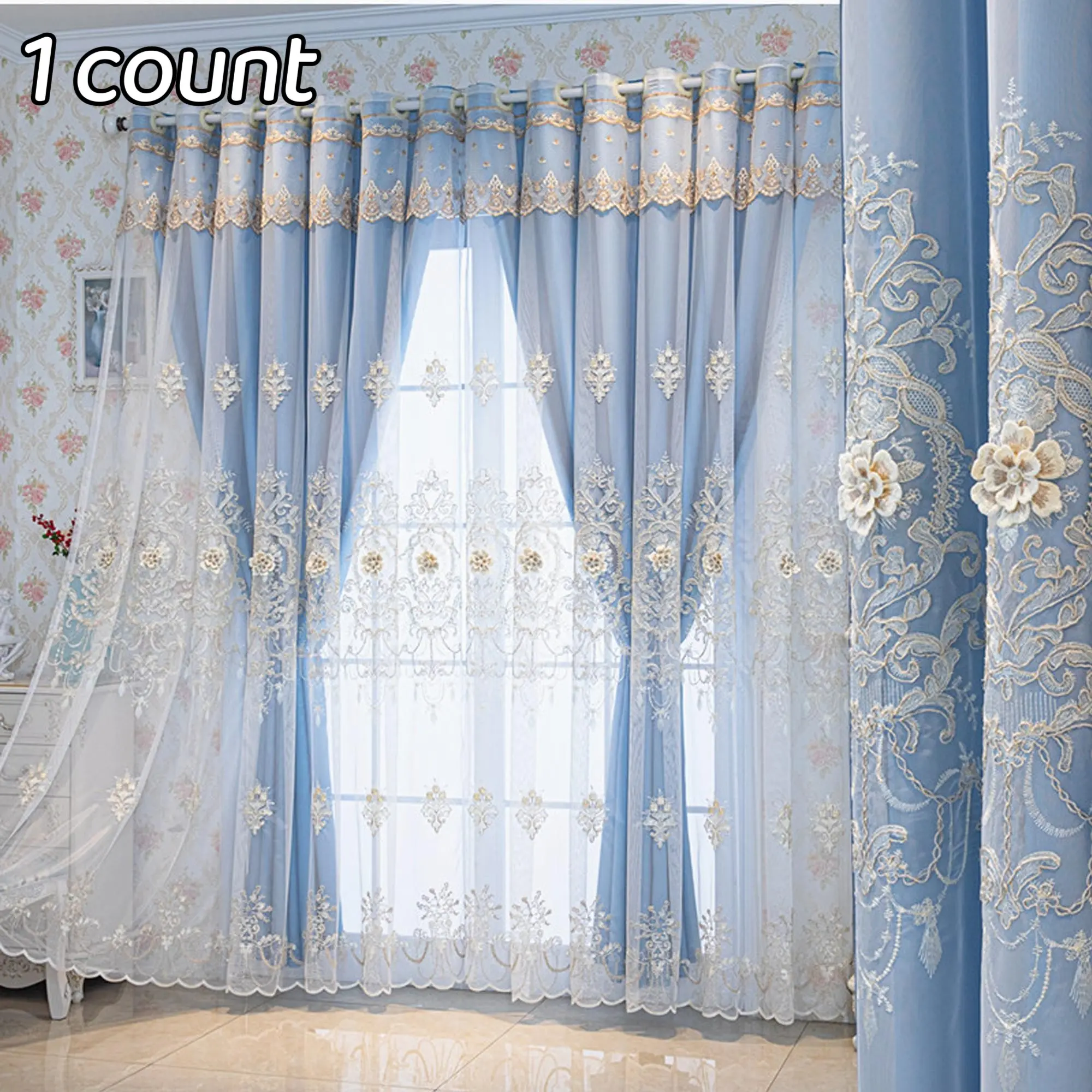 Flower Embroidery Double-Layer Window Curtain, 1-Count Drapes for Living Room & Bedroom, Home Decor Curtain