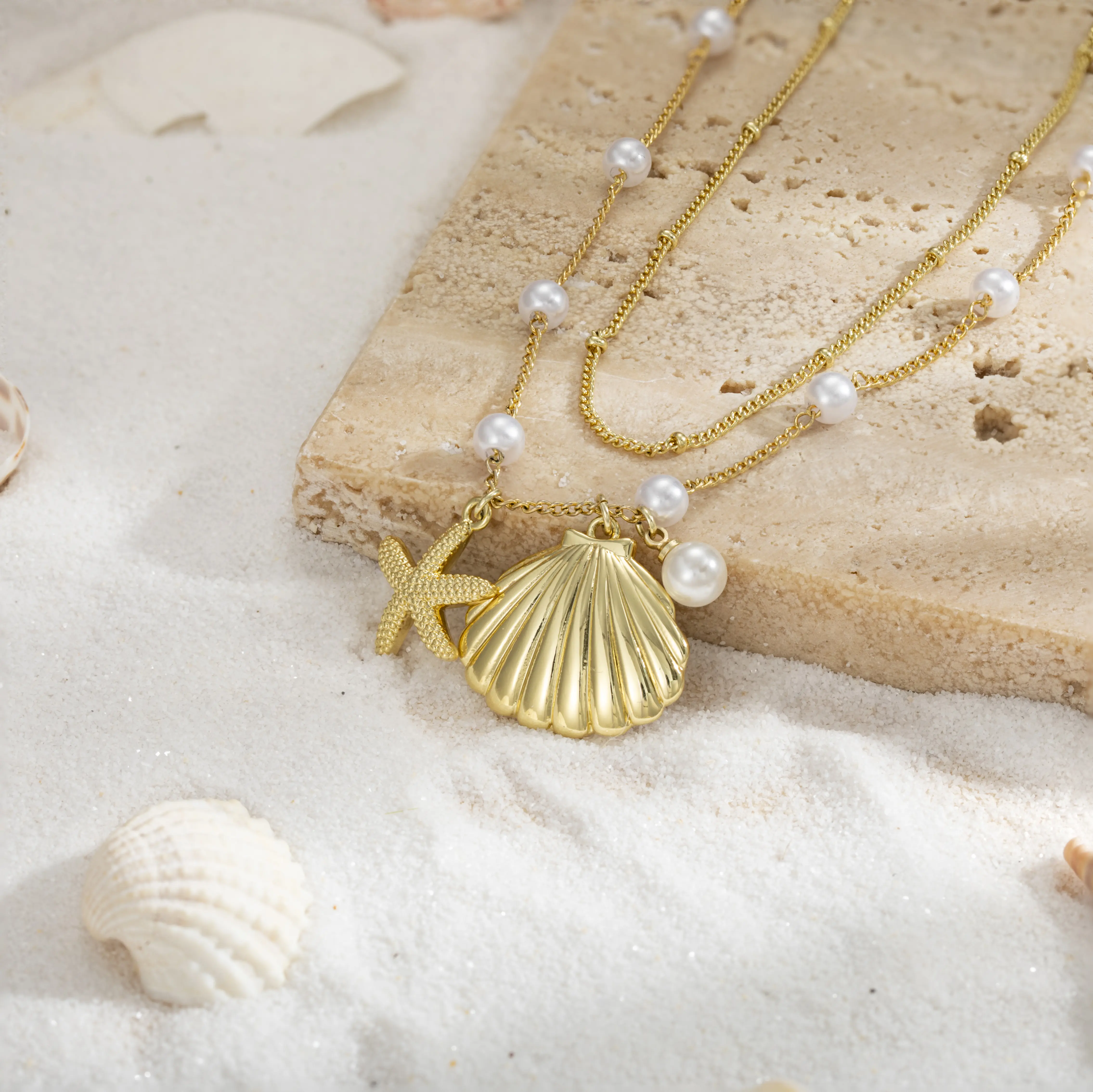 Tewiky 14K Gold Layered Artificial Gemstone Necklace - Waterproof Satellite Pearl Chain, Starfish & Shell Pendant - Dainty Women's Beachy Summer Jewelry, Ocean Lover Gift-LB