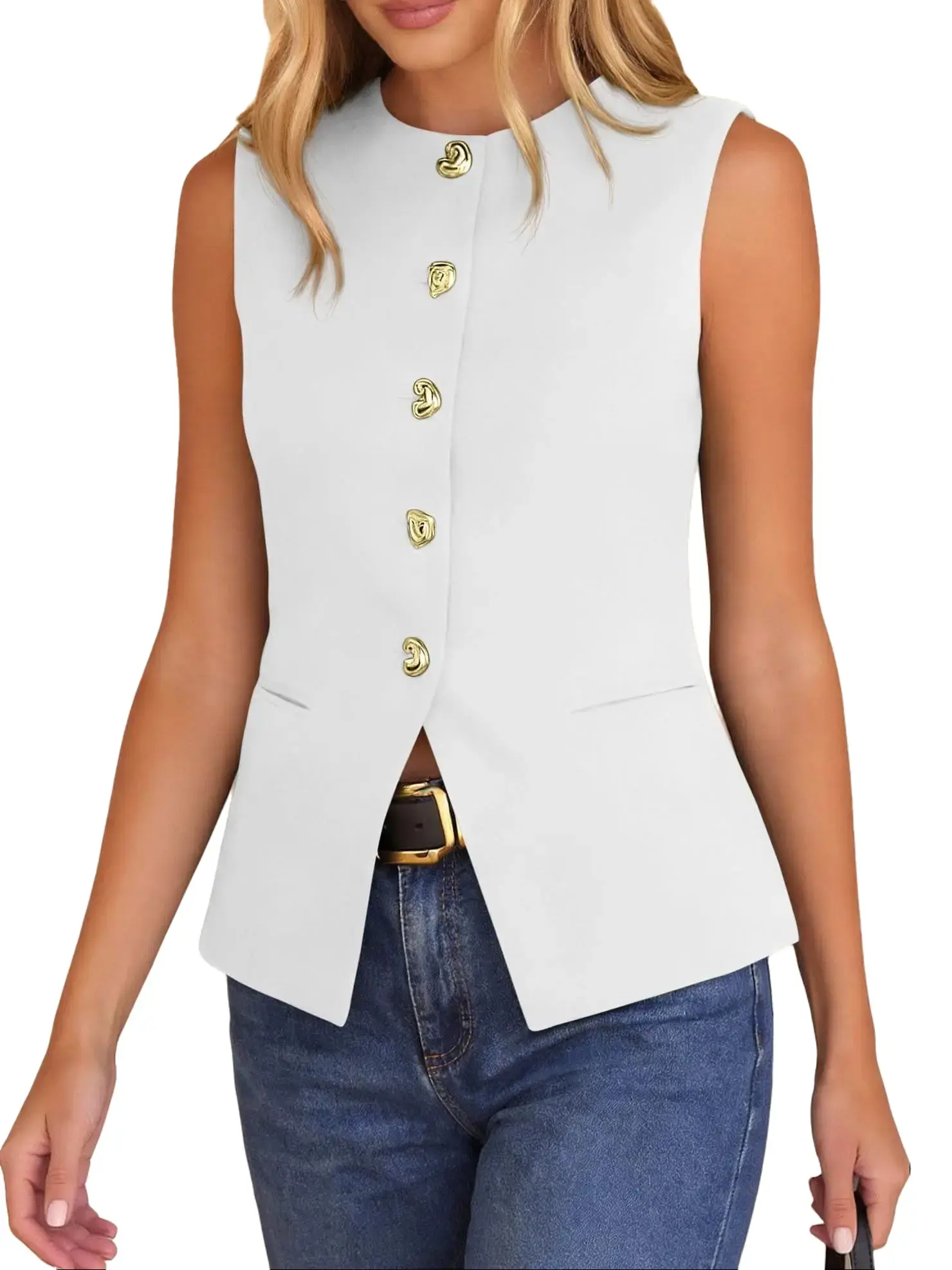 BTFBM Blazers for Women Vest Tops Business Casual Outfits Button Down Sleeveless Pockets Office Work Clothes Spring 2026 #Clearance