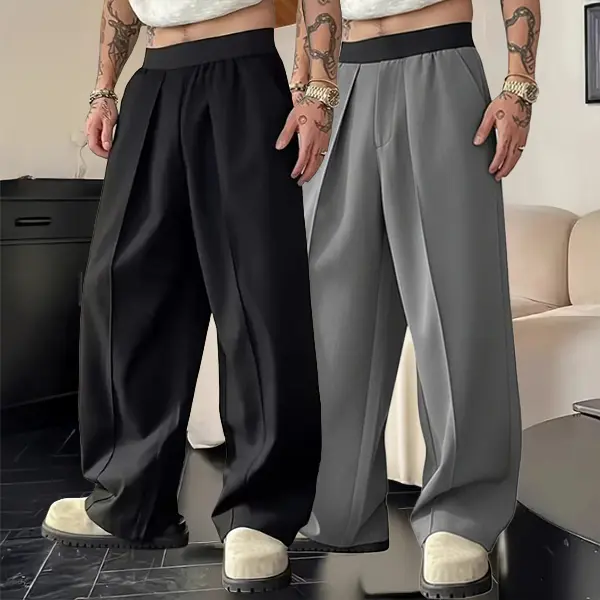 Men's 2-Pack Loose Drape Pleated Waist Suit Pants - Comfortable Aesthetic Fabric Bottoms, Cropped Jet Style, Pairable with Loafers, Tees or Sneakers for Everyday Leisure, Baggy