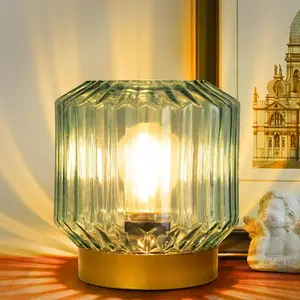 Battery-Operated Table Lamp Timer, Cordless Lamp for Areas No Outlets, Decorative LED Accent Lamp with 100% Original Vintage Lantern Design, Glass Mood Light for Entryway, Bedroom,Bathroom (Green)