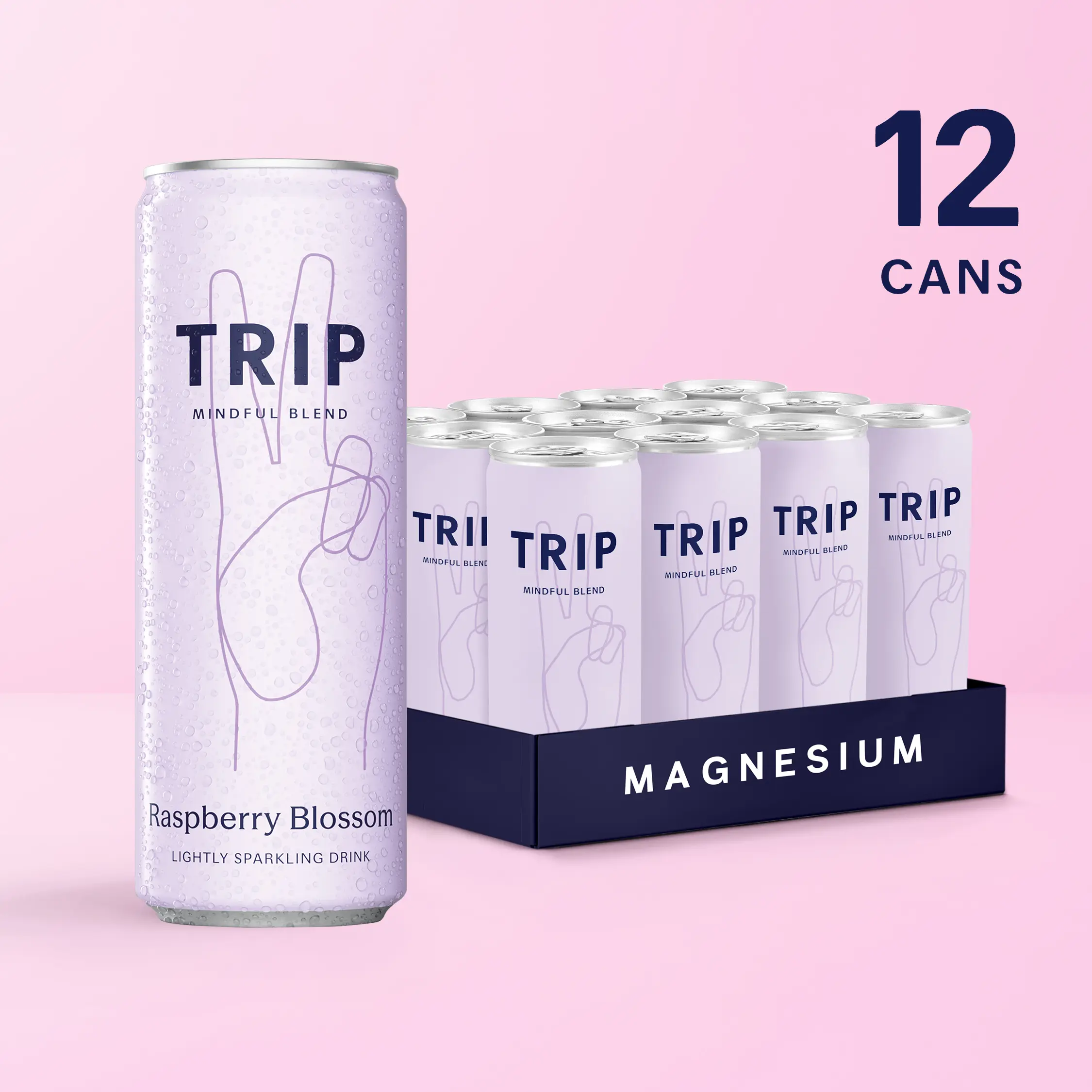 TRIP Raspberry Blossom Sparkling Magnesium Drink — 120mg Magnesium, Ashwagandha, Lion's Mane, L-Theanine, Non-Alcoholic, Low Calorie, Vegan (12-Pack, 12oz)