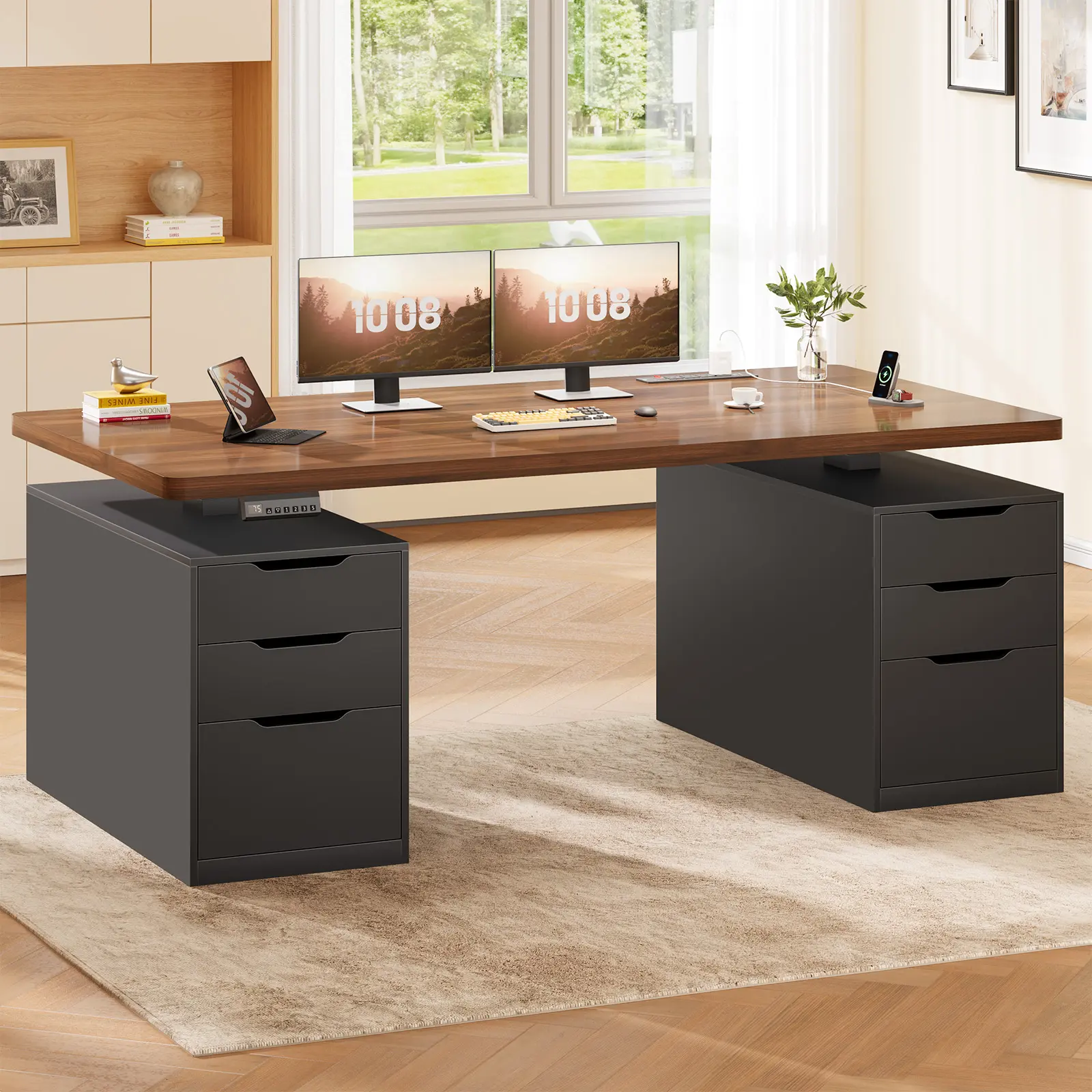 Sedeta 55-Inch Ergonomic Adjustable Desk - Auto-Adjust Tech-Integrated Modern Home Office Workstation with 6 Drawers, Storage, Power Outlets & Specified Height Range (Multi-Drawer Computer Workstation), Modern Computer Workstations