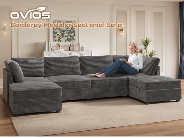 【6 Packages Shipping】Ovios 131" Modular Sectional Sofa Couch with Ottoman, U-Shaped Minimalist Couches with 2 Oversized Chaise, L-Shaped Modern Deep Seat Cloud Plush Corduroy Sofas Set for Living Room, 6 Seater 【6 Packages Shipping】Ovios 131" Modular Sectional Sofa Couch with Ottoman, U-Shaped Minimalist Couches with 2 Oversized Chaise, L-Shaped Modern Deep Seat Cloud Plush Corduroy Sofas Set for Living Room, 6 Seater