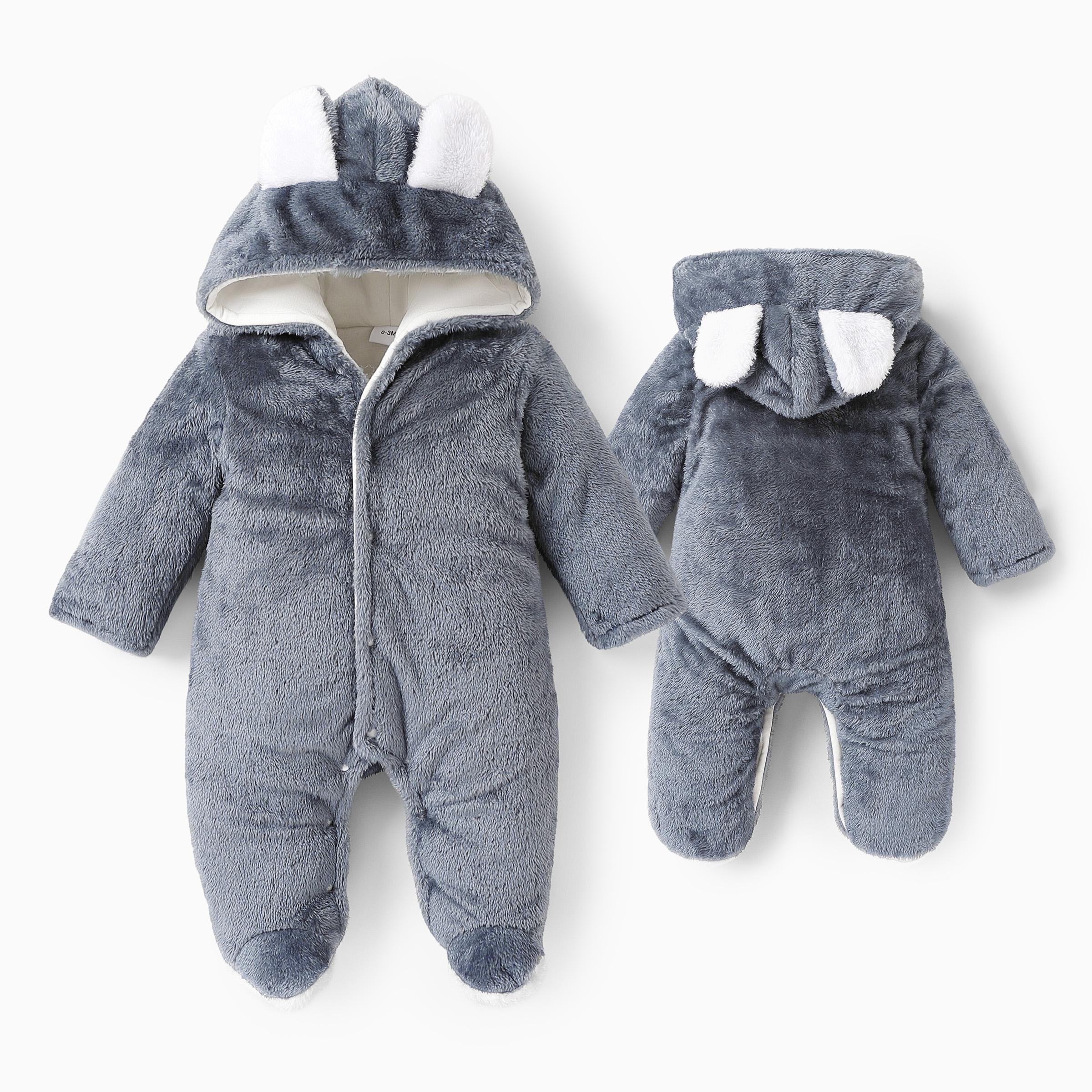 PatPat Baby Boy/Girl Bear Style 3D Ears Hooded Solid Plush Footed Jumpsuit: Soft & Cute for Winter, All-day Snuggle, Keeping Warm & Stylish
