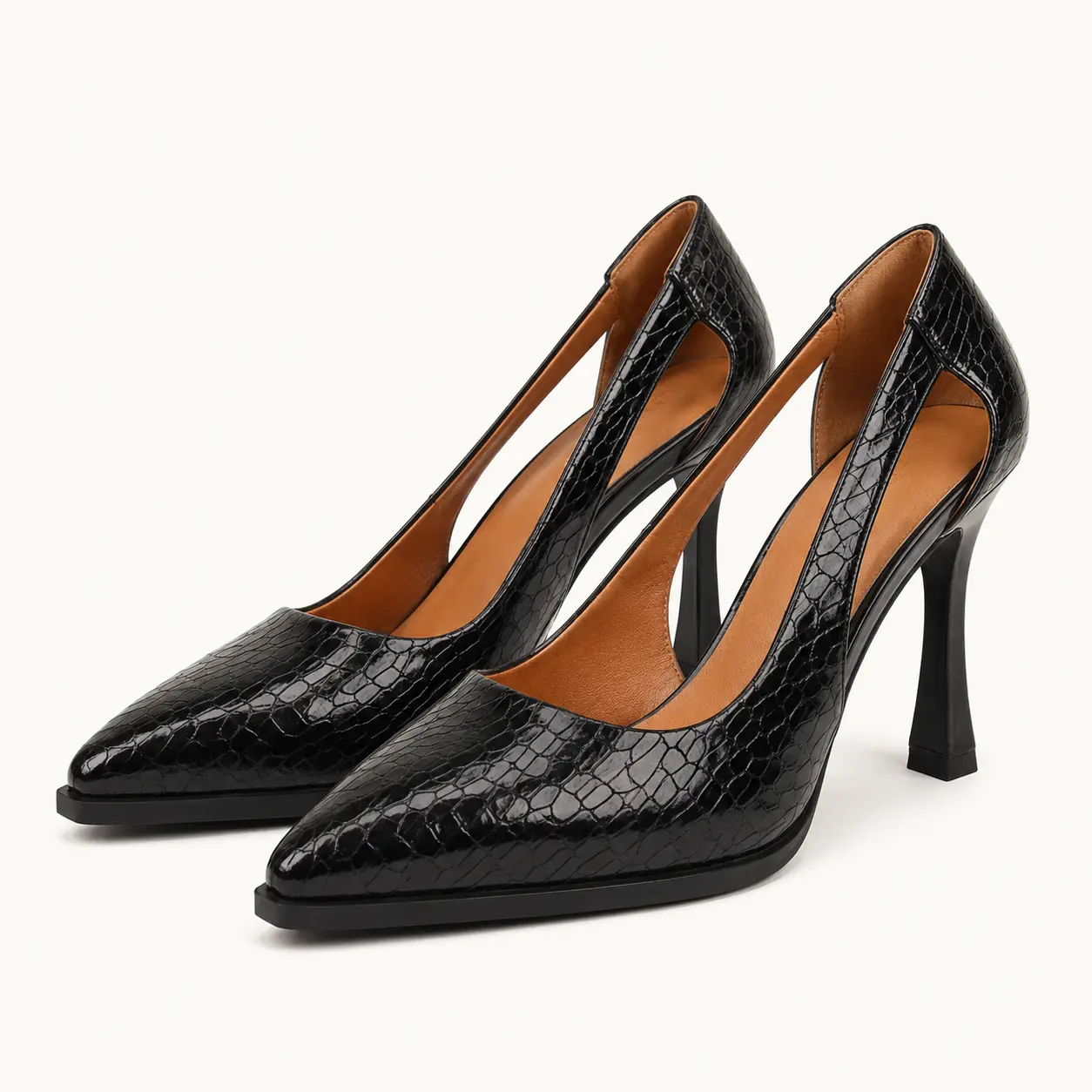GeeYea women’s Black Croc-Embossed D’Orsay Heels, Pointed Toe High Heel Dress Shoes with Patent Finish, Sheepskin Lining & Rubber Sole, Elegant Shoes for Office, Date Night, Party & Spring Fall Outfits
