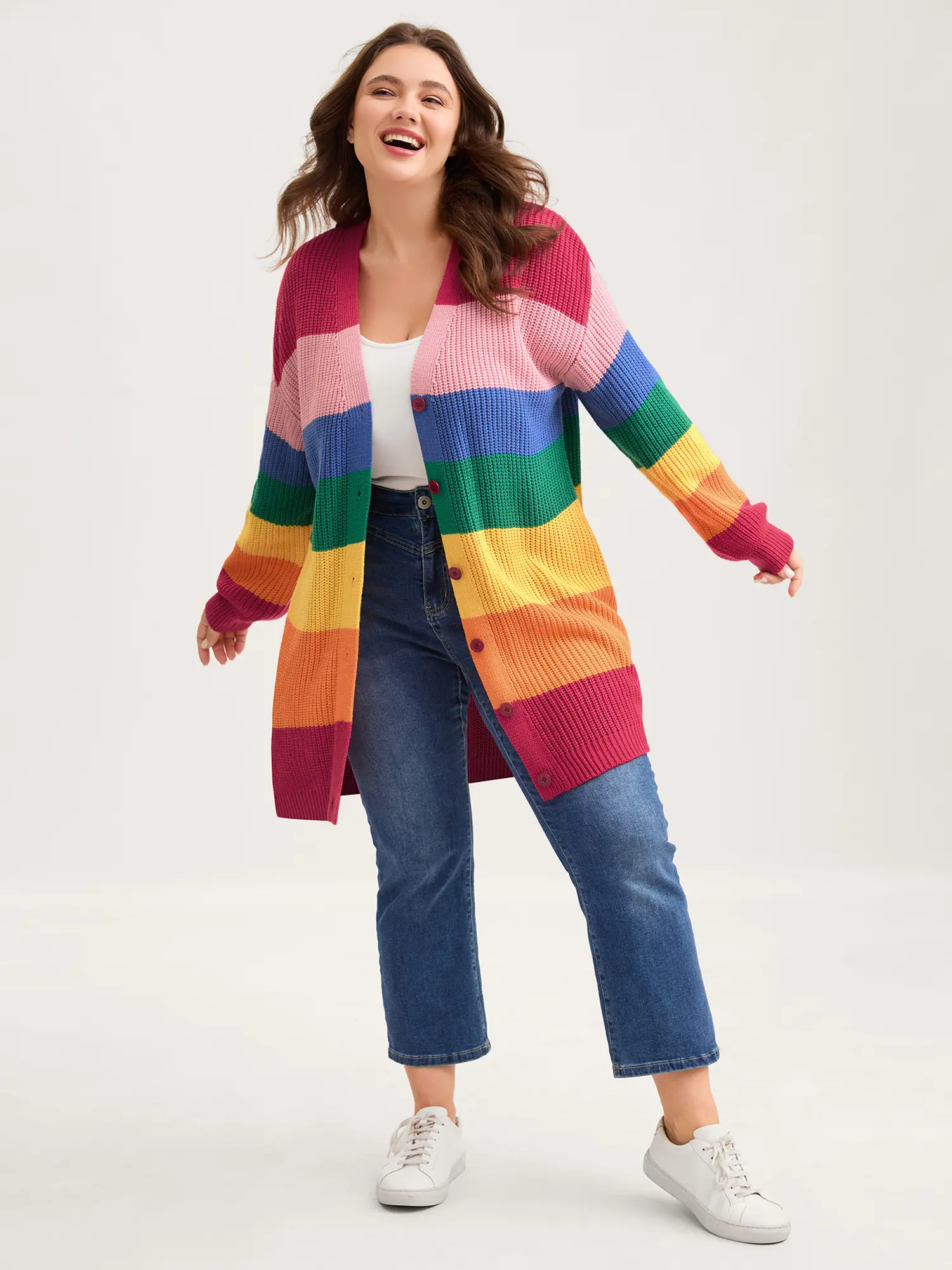 Women's Bold Colorblock Oversized V-Neck Acrylic Cardigan - Casual Drop-Shoulder Full-Sleeve Button-Front Tops for Lady, Plus Sizes, Multicolor, Quick On-Off Drape Knitwear