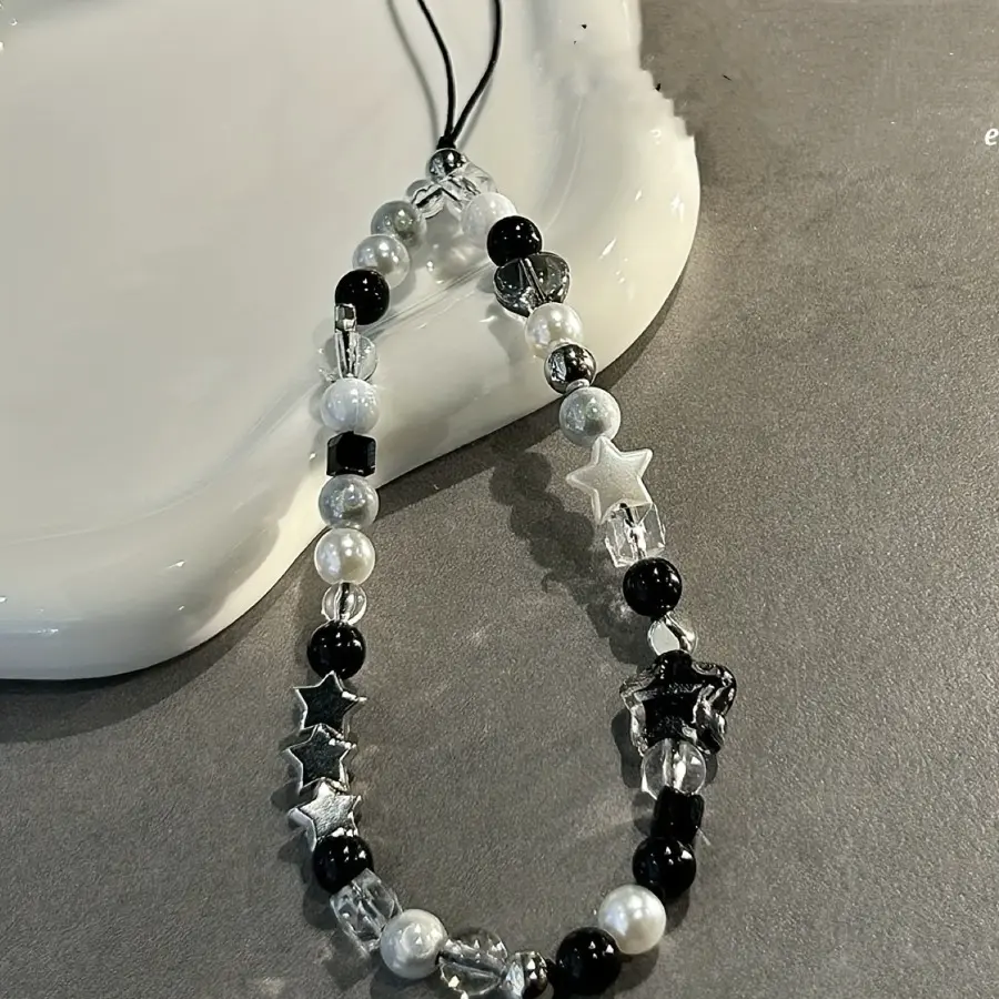 A cool black five pointed star mobile phone lanyard with bead CCD camera anti loss strap, backpack keychain hanging accessory for mobile case, Cell Phone Charm, Phone Chains, Beaded Phone Chain, Cell Phone Accessories
