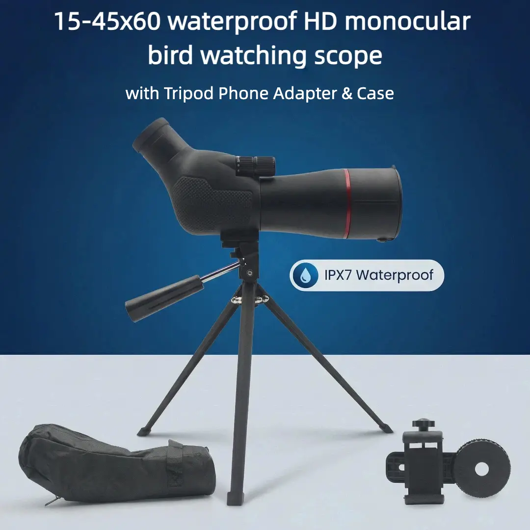 15-45x60 Waterproof HD Refractor Spotting Scope for Adults, Adjustable Telescoping Lens with Tripod Mount, Phone Holder, Adapter, Fully Coated Monocular, Case – Compact Long Range Outdoor Gear for Hiking/Light Outdoor Bird Watching, Portable Spotting Scop
