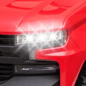 GARVEE 12V Battery-Powered Ride-On Car - Licensed Chevrolet Silverado GMC Truck for Toddlers with Remote Control, MP3/Bluetooth, Spring Suspension, LED Lights, Available in Black, White, Pink, and Red.