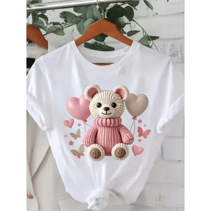 Adorable Knit Bear White Cotton TShirt Featuring Heart Balloon and Butterfly Print
