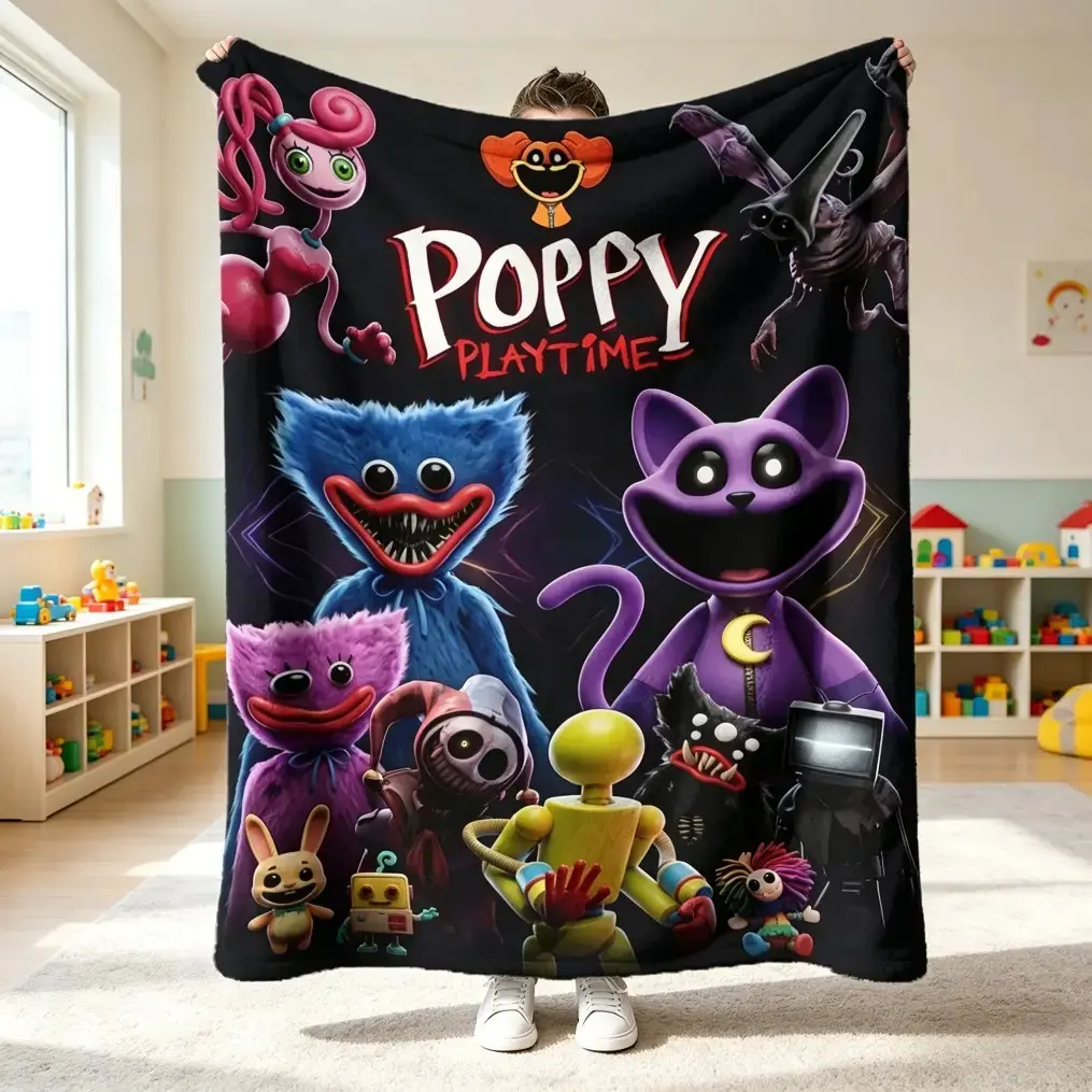Poppy Playtime All Characters Graphic Flannel Throw Blanket, Ultra Soft Skin-Friendly Warm Plush Blanket, Fade Resistant HD Game Print, Lightweight All Season Couch Bed Nap Cover, Multi-Scene Versatile Use for Bedroom Sofa Travel, Classic Horror Cartoon D