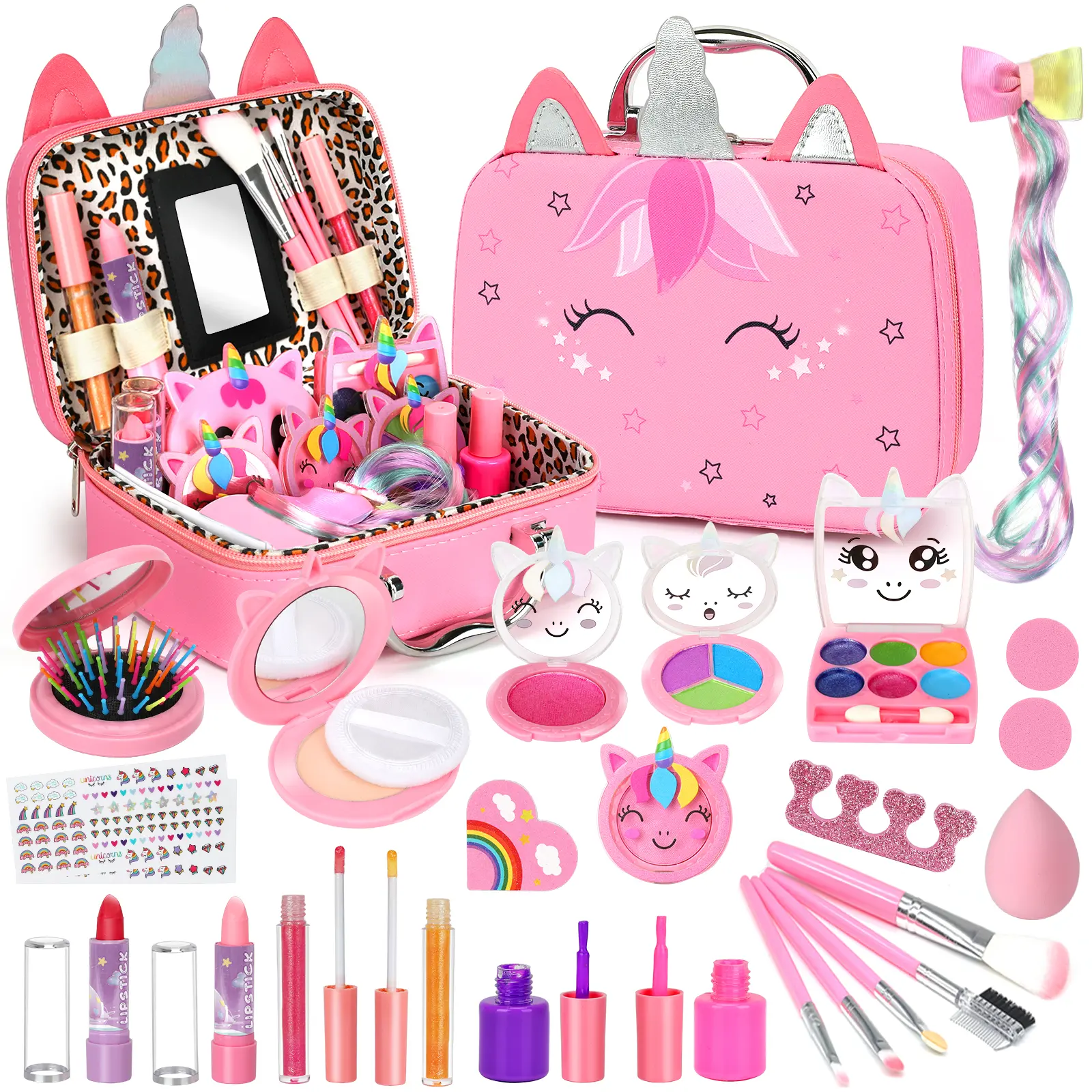 Kids Makeup Kit - Real Washable Non-Toxic Cosmetic Set with Portable Case, Kids Vanity Pretend Play Toys for Toddlers Age 3-12, Little Gift Set for Birthday Christmas, Little Gift Set For Girls