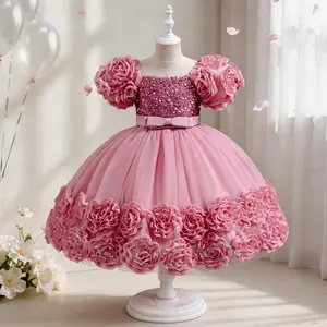 Girls Princess Dress Pink 3D Floral Puffy Tulle Party Dress Puff Sleeve Sequin Bodice Ball Gown for Wedding Birthday Party Special Occasion