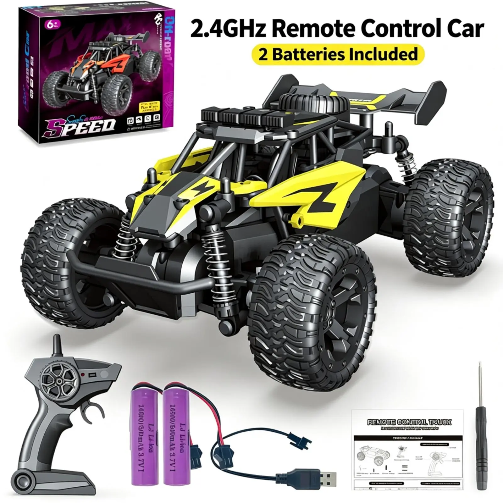 1/18 Scale Yellow RC Off Road Truck with 2 Rechargeable Batteries, 30KM/H Fast 2.4GHz Remote Control Car, Flexible Crashproof All Terrain RC Vehicle, Hobby Toy Gift for Boys Kids Ages 6-12 & Beginners