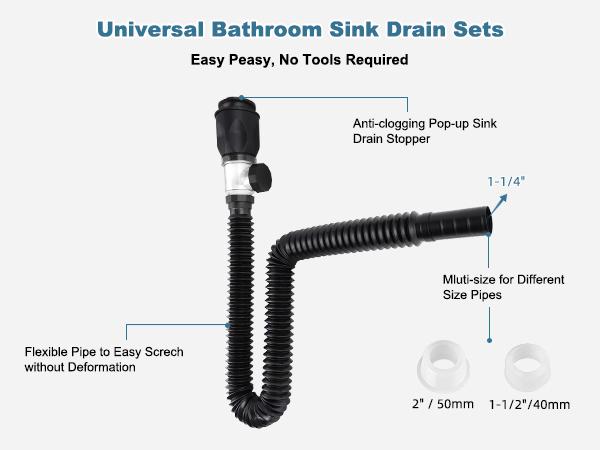 Hibbent Bathroom Sink Drain Kit, Flexible P-Trap Drain Pipe with Pop Up Stopper, Expandable Bathroom Sink Pipe Replacement with 2 Adapters, Fits 1-1/4'', 1-1/2'', 2" Holes, Hair Catcher, Chrome Hibbent Bathroom Sink Drain Kit, Flexible P-Trap Drain Pipe with Pop Up Stopper, Expandable Bathroom Sink Pipe Replacement with 2 Adapters, Fits 1-1/4'', 1-1/2'', 2" Holes, Hair Catcher, Chrome