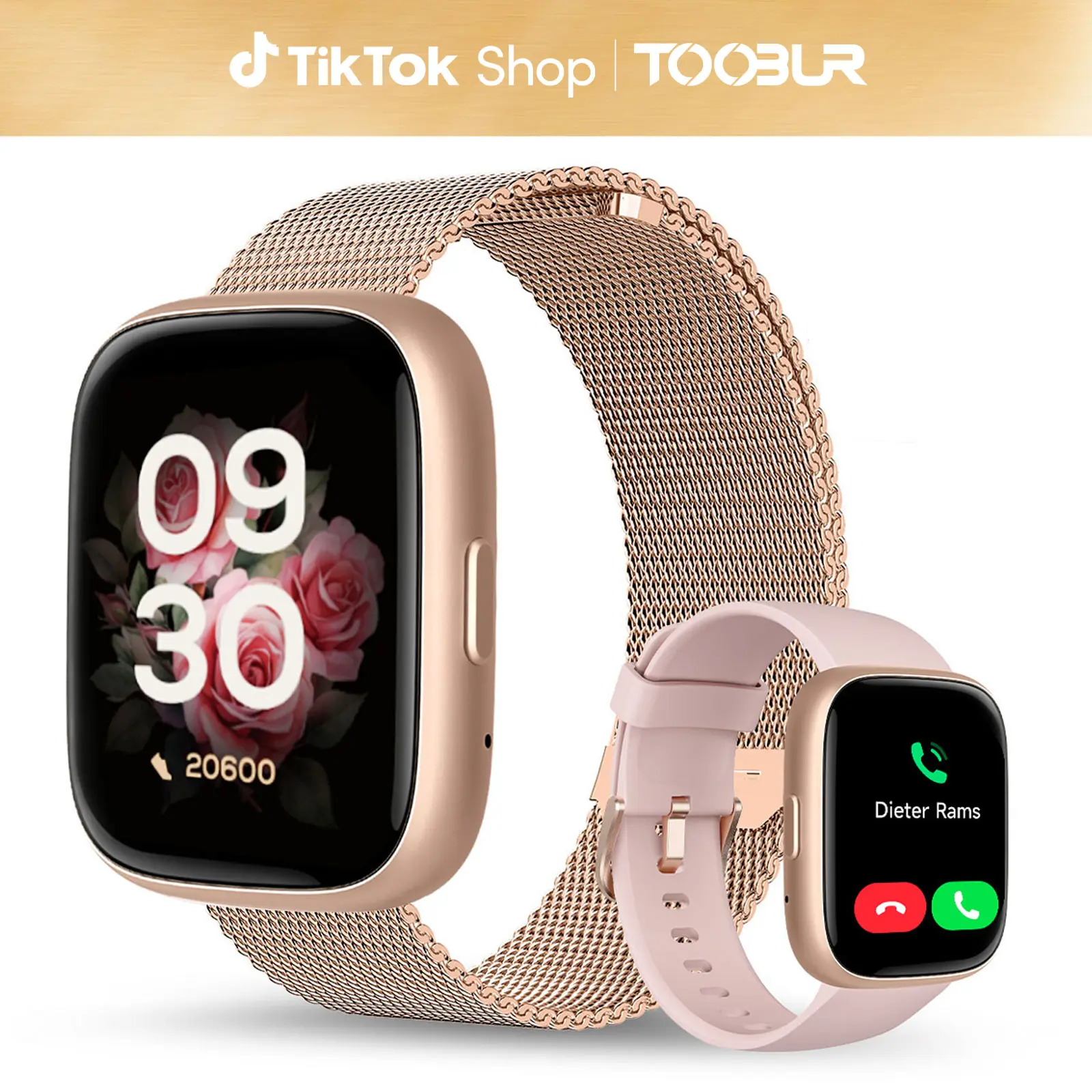 TOOBUR Gold Metal Smart Watch (Wearable Tech) - LCD Screen, Batteries, Cells, Voice Control, BT Phone Call, Music Player, Calorie Tracker, Sleep Tracking, 100 Sports Modes, IP68 Waterproof, Compatible with iOS & Android for Men