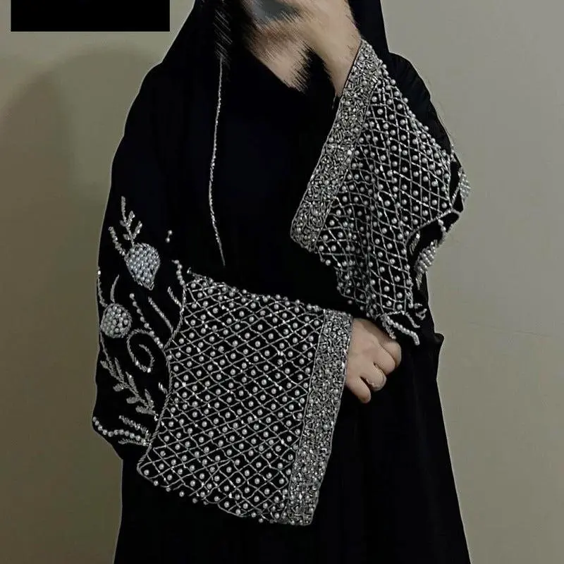 Women's 2-Piece Abaya Set with Rhinestone Embellished Open-Front Cardigan & Matching Hijab, Long Sleeve Modest Muslim Outfit with Crystal Shoulders for Weddings, Modest Muslim Outfits, Hijabi Fashion, Muslim Dresses