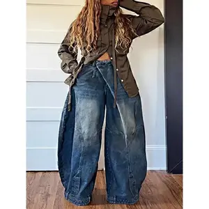 Women's Retro High-Waist Wide-Leg Jeans - Cross Asymmetric Button Front, Elastic Comfortable Denim with Functional Pockets, Machine Washable & Durable, Suitable for Work, Office & Street Wear Can be used with a raincoat（gift）